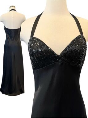 80s Victoria’s Secret Sequin Silky Black Vintage Evening Maxi Gown Halter Dress